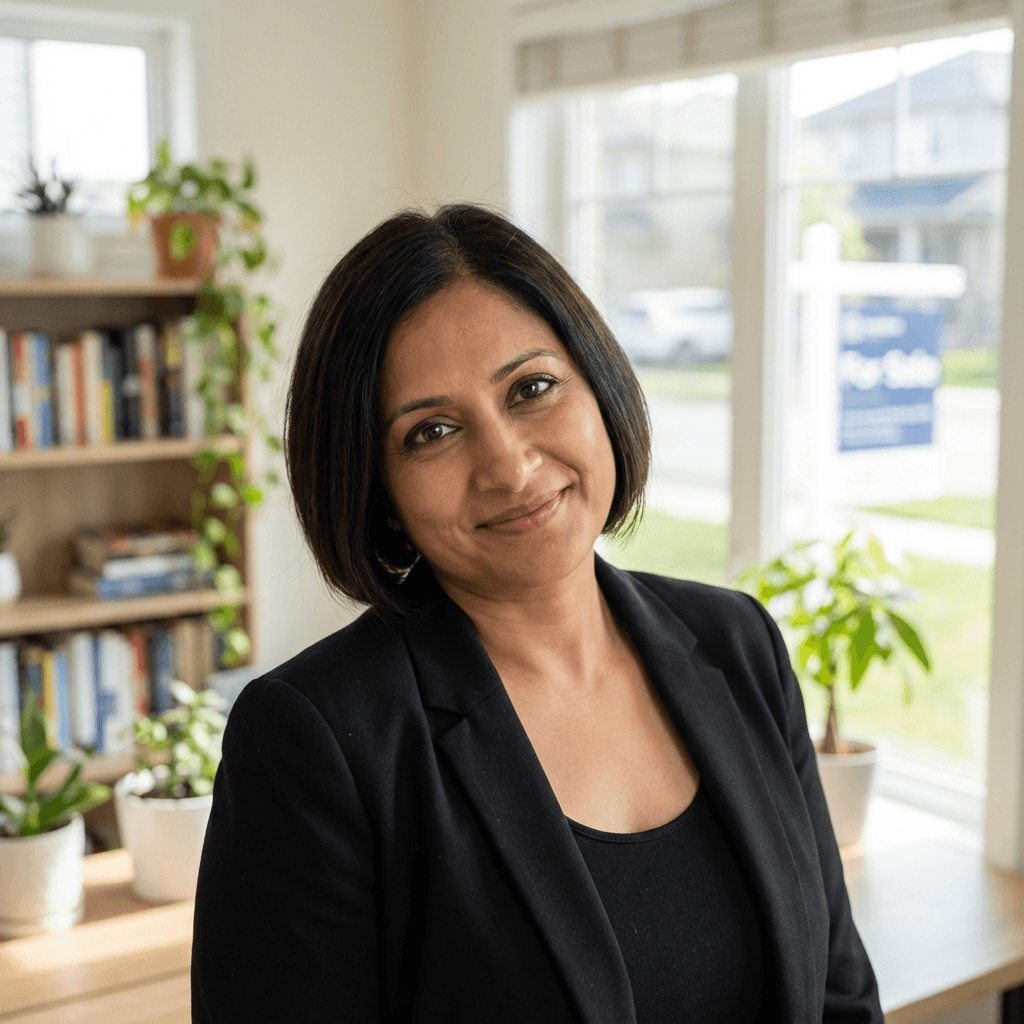 Priya Sharma walking her beagle on a tree-lined street