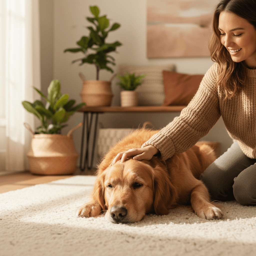 Golden retriever resting on a rug while owner pets it in a cozy Toronto home