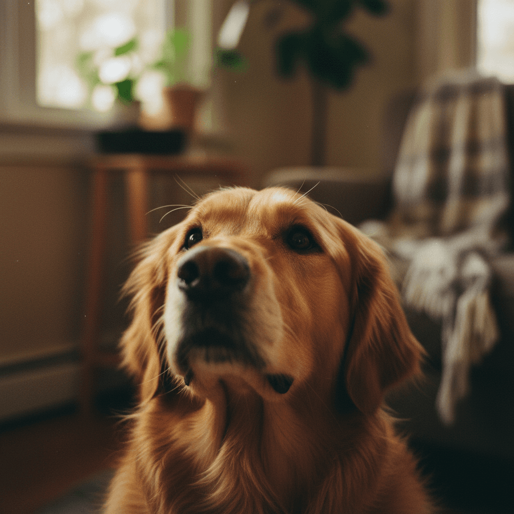 Close-up of a dog looking up trustingly in warm evening light