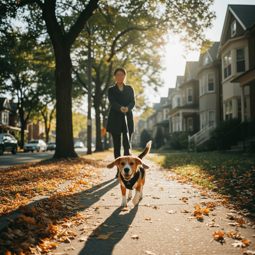 Beagle walking on a leash with a sitter on a leafy Toronto street