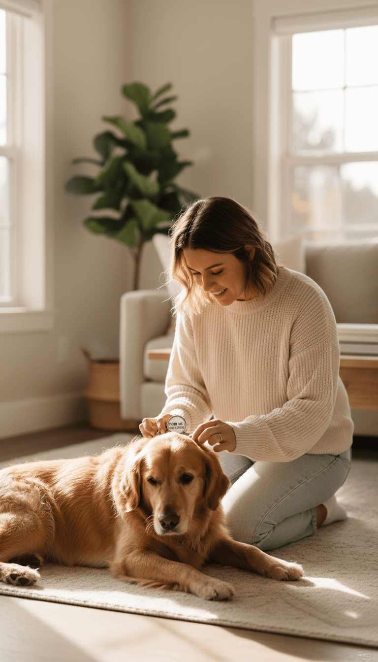 Dog sitter checking a golden retriever's collar in a Toronto home