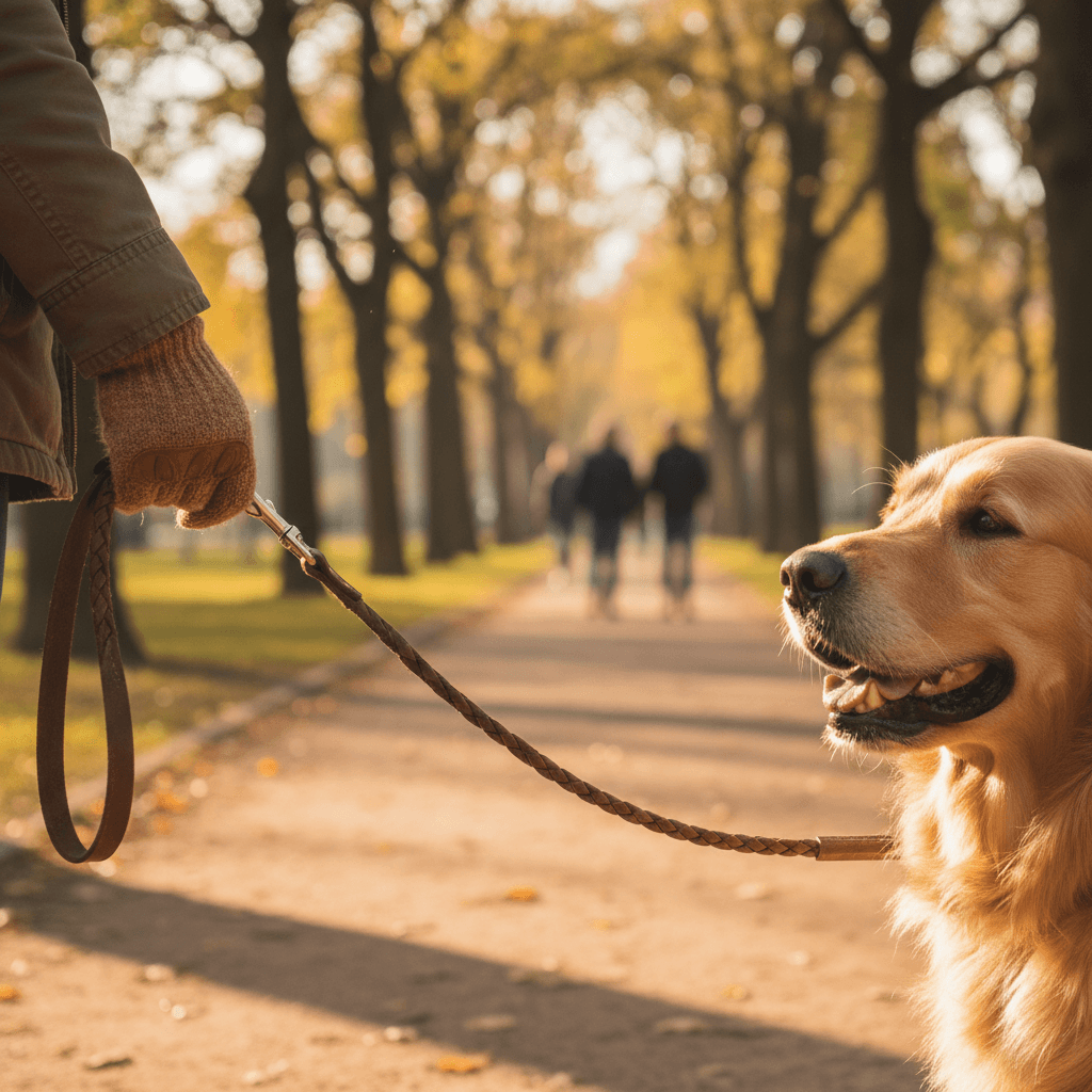 A person walking a beagle on a leash along a tree-lined Toronto street