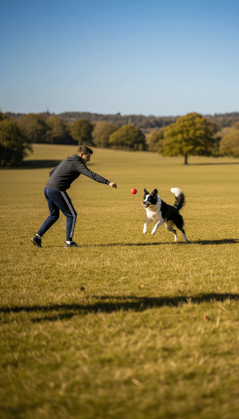 A dog walking on a leash with a caregiver in a park