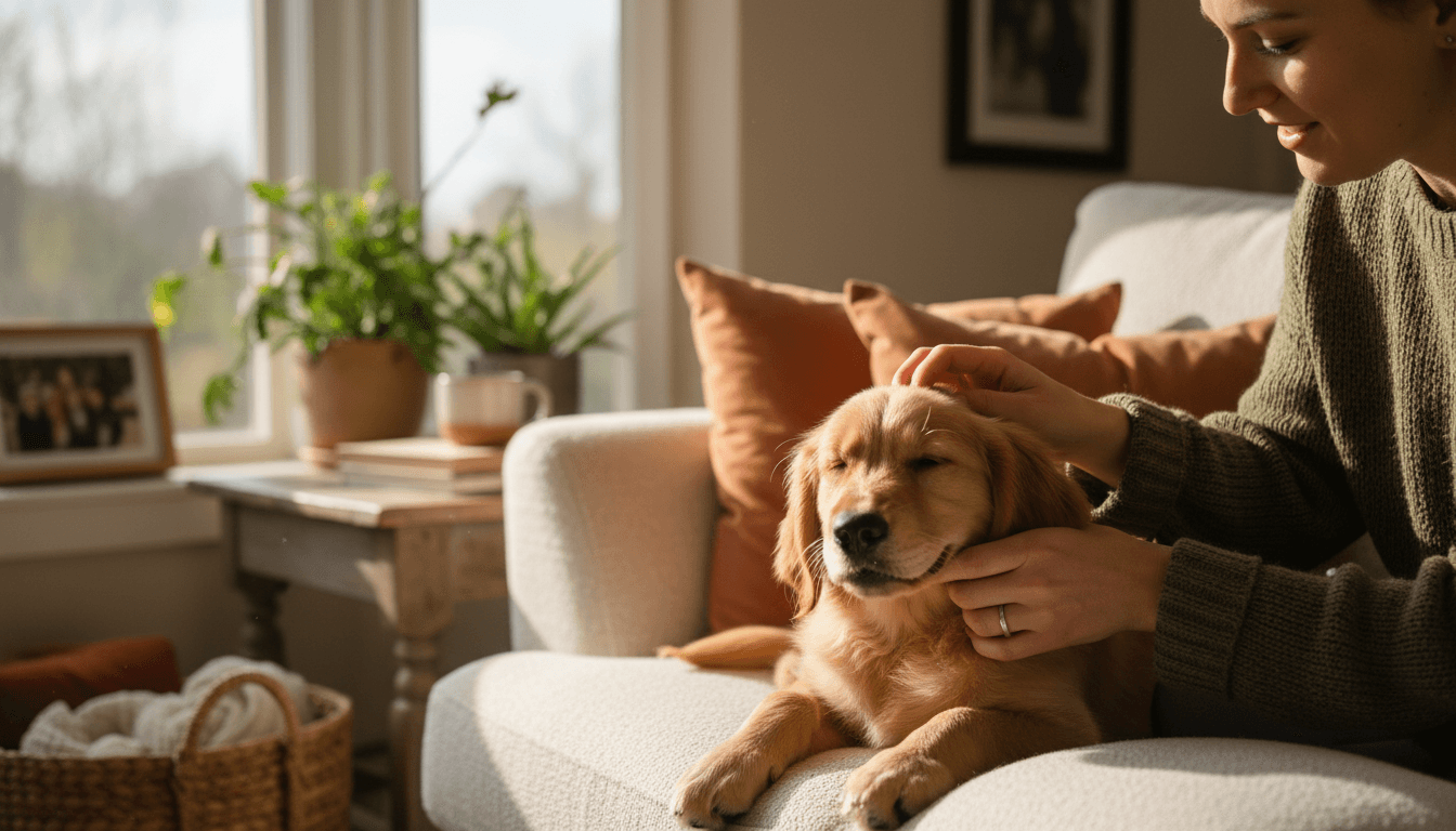 A happy dog looking up at a caregiver offering a treat during an in-home visit in Toronto