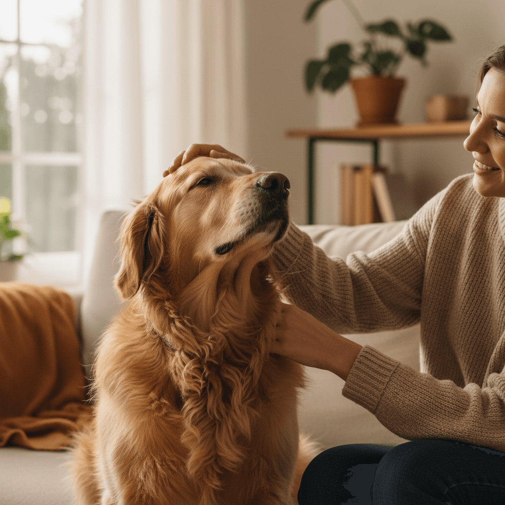A happy dog being petted by a caregiver in a cozy living room