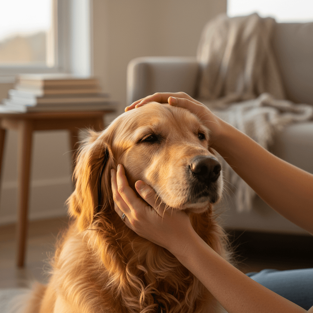 Happy golden retriever sitting on a living room rug being petted