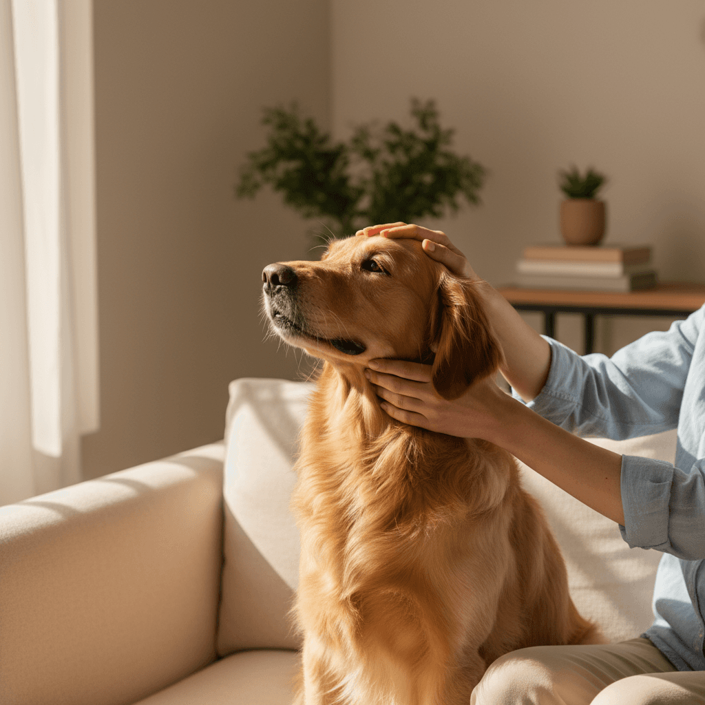A dog sitter playing with a golden retriever in a bright Toronto living room