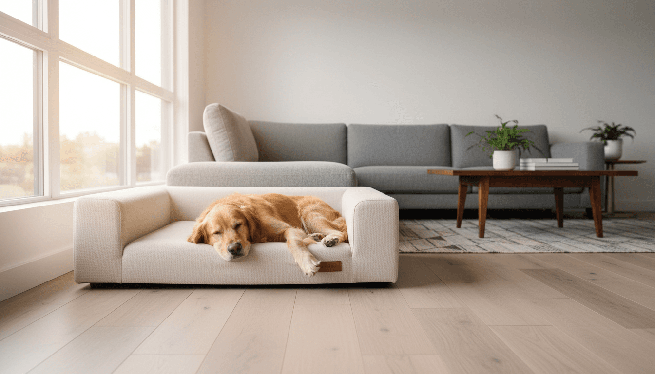 Dog relaxing comfortably at home during a sitting visit