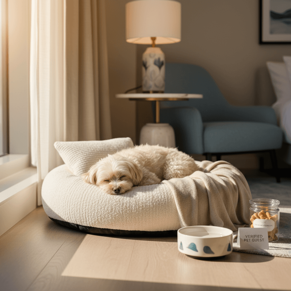 A dog resting on a bed at night